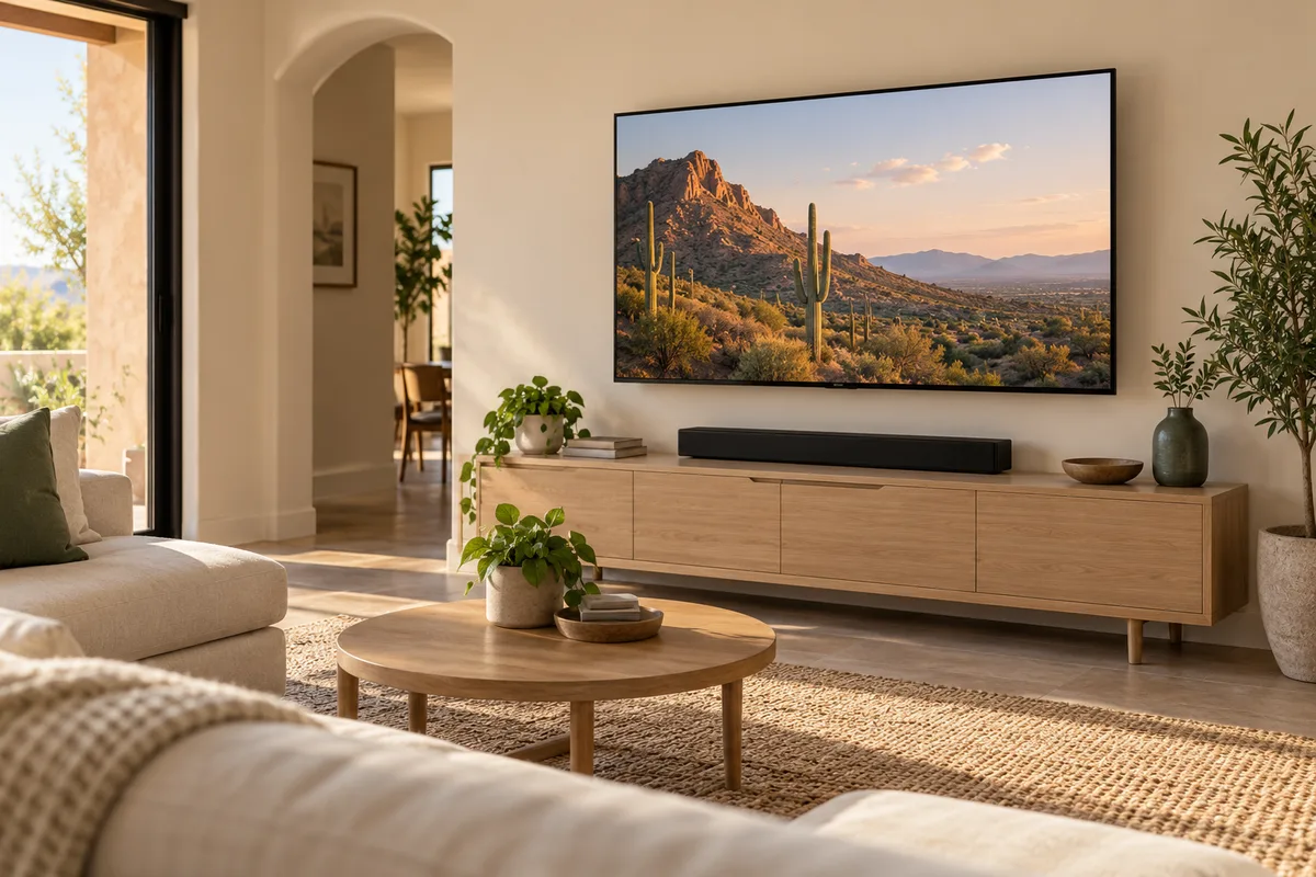 Room concept with a finished TV wall; hidden structural conditions cannot be verified from the image.