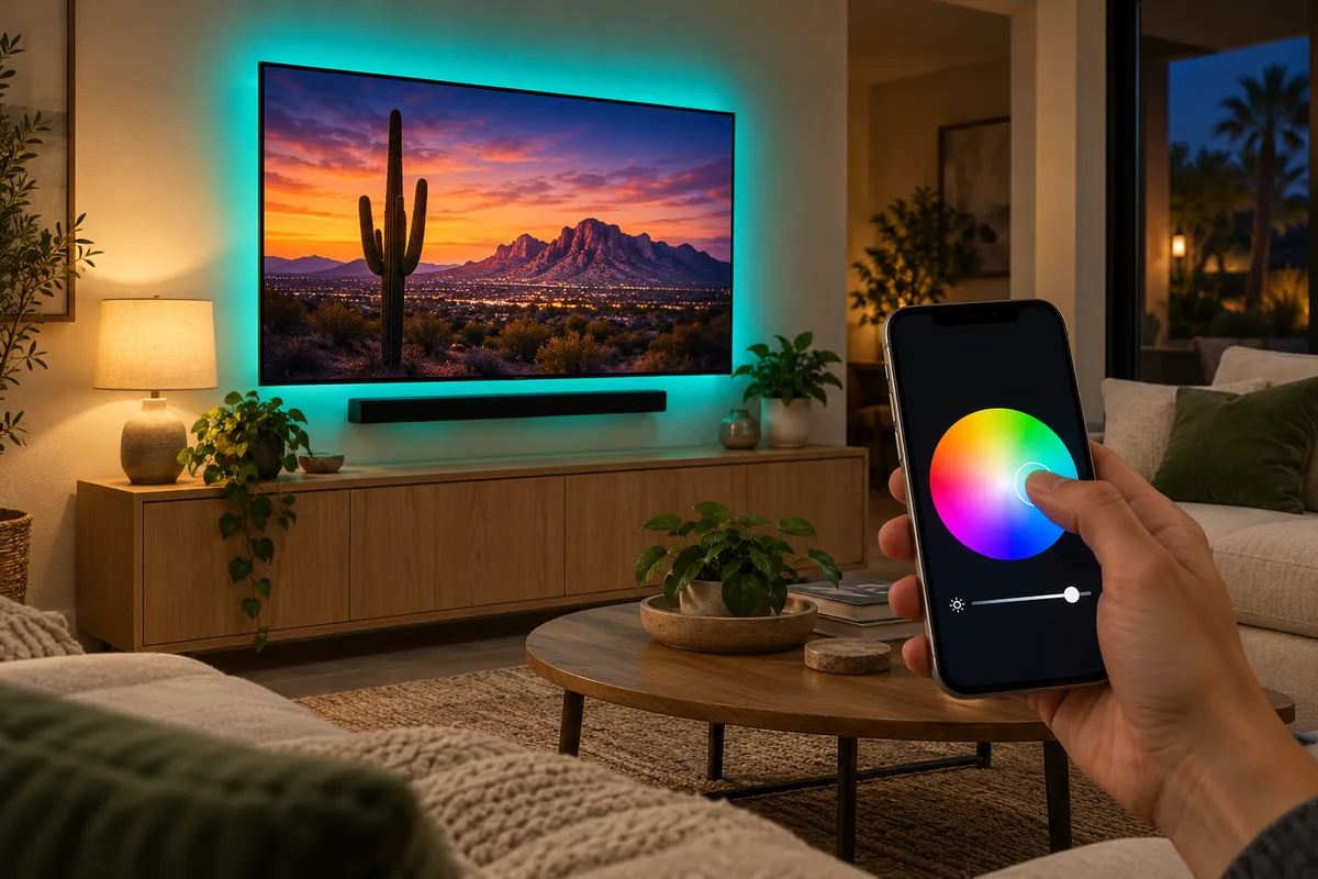 Concept showing a phone color control beside ambient TV backlighting.