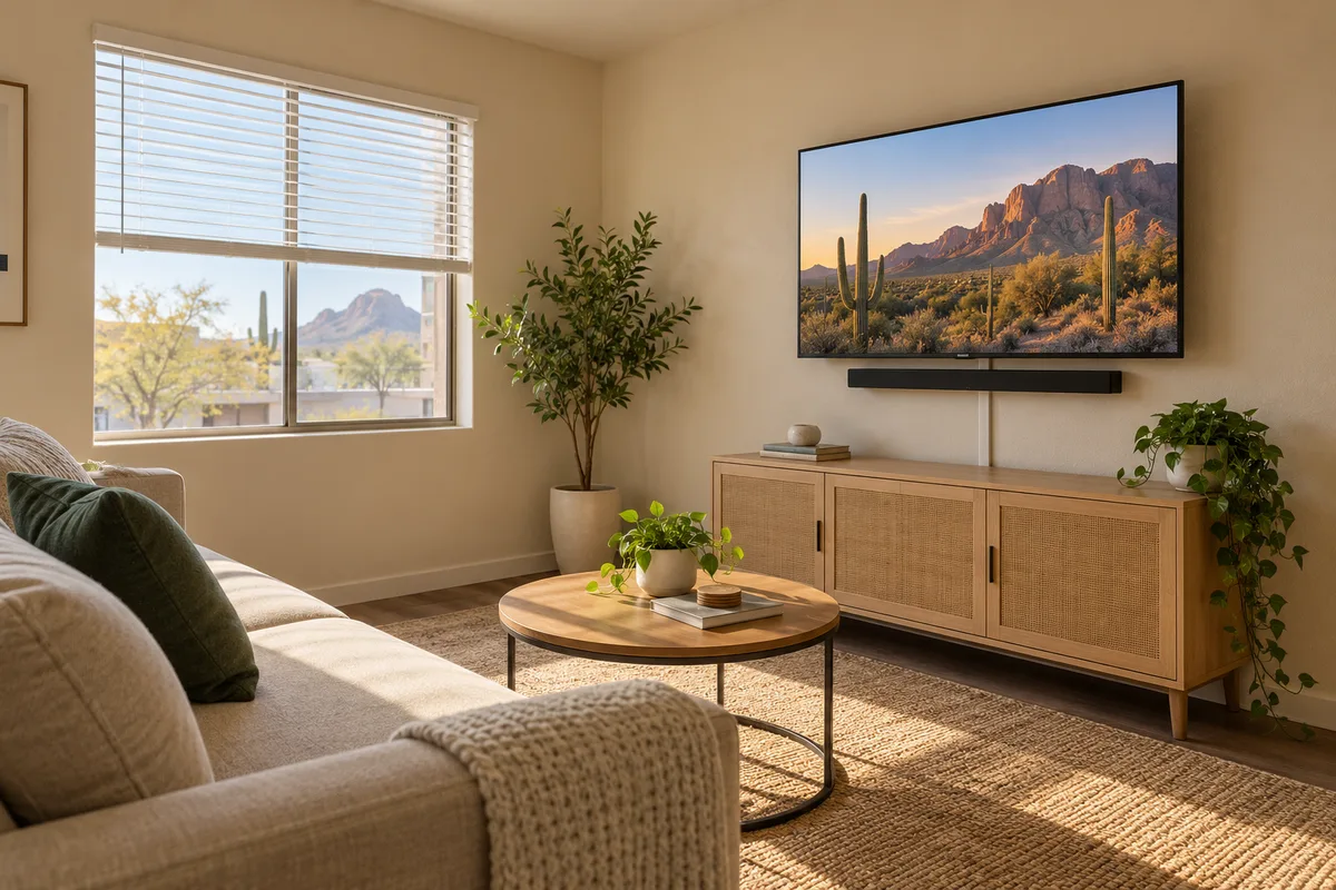 Apartment room concept showing the TV, console and seating relationship.