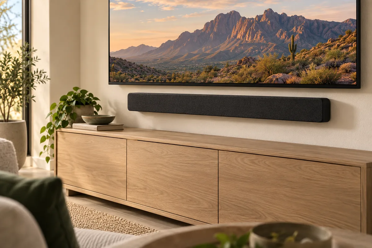 Room concept with a soundbar positioned below a wall-mounted TV.
