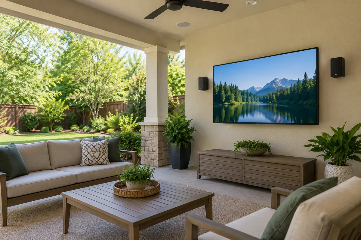 Covered patio concept with a wall-mounted TV and outdoor seating.