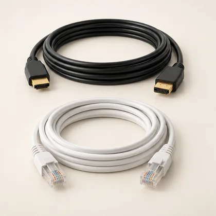 Illustrative signal cables and connection accessories for a TV setup.