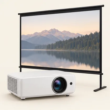 Illustrative projector and screen equipment for comparing home theater options.