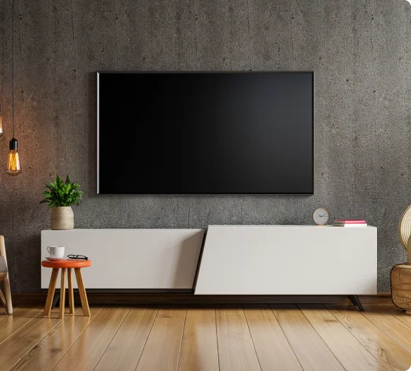 TV-room concept for discussing placement and viewing comfort; not approval for a fireplace installation.